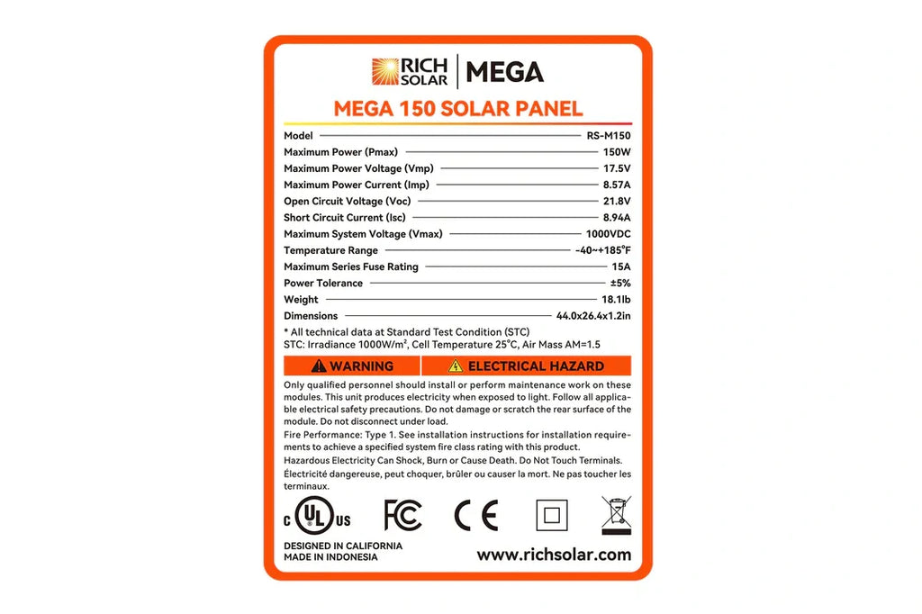 Rich MEGA 150 Watt 12v Solar Panel