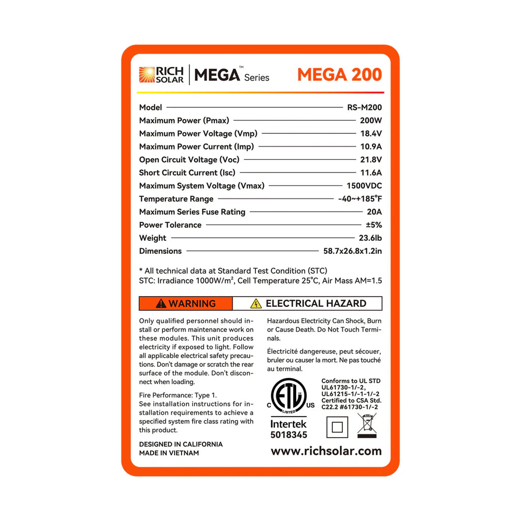 Rich MEGA 200 Watt 12v Solar Panel
