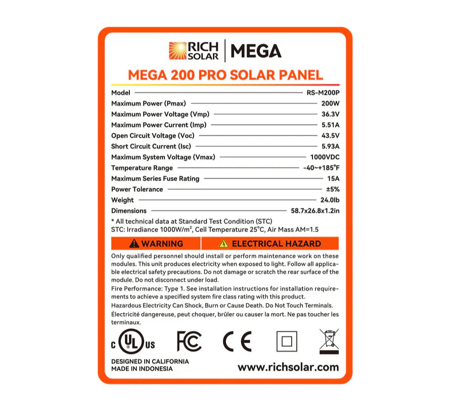 Rich MEGA PRO 200 Watt 24v Solar Panel | UL Certified