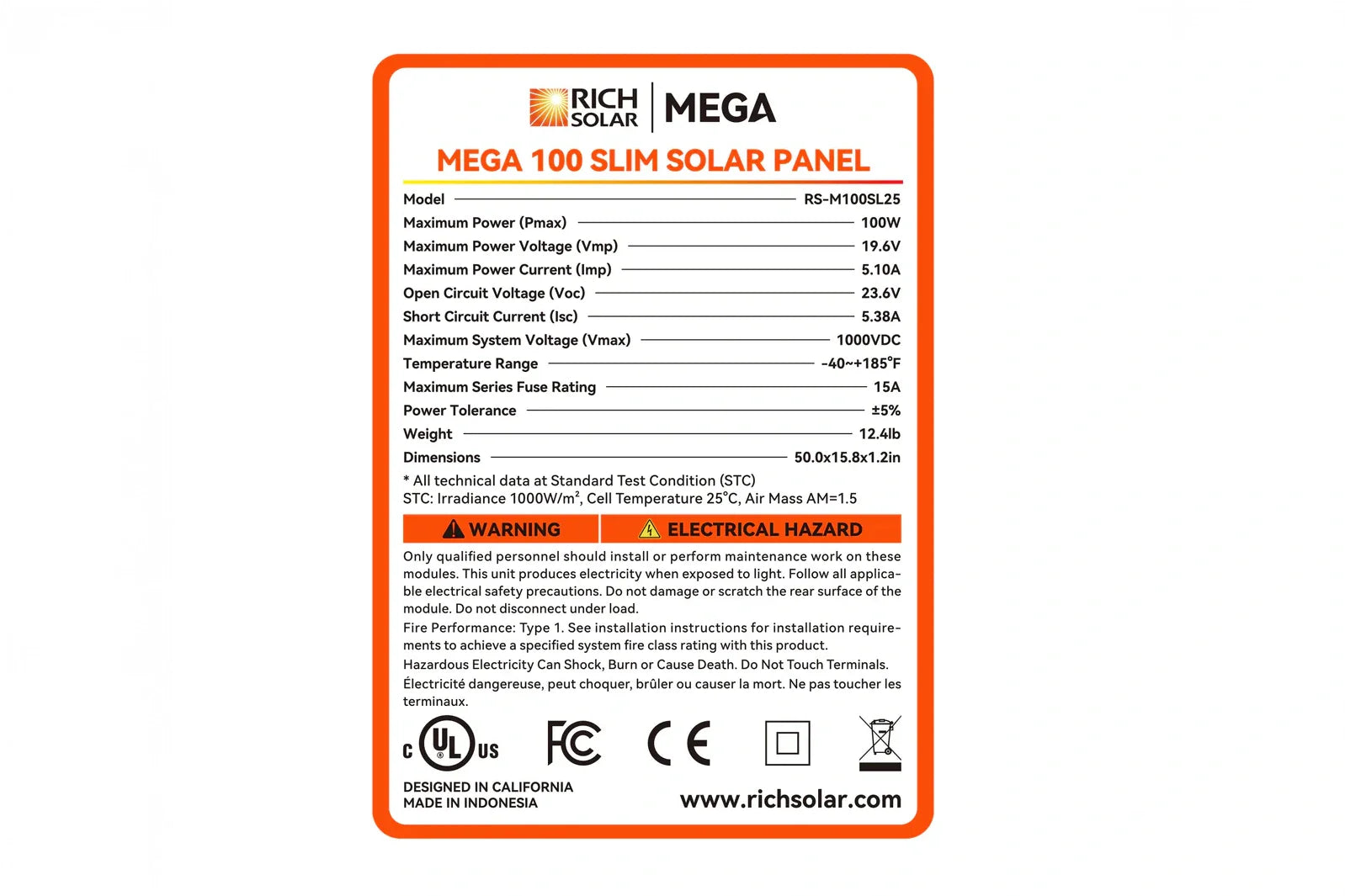 Rich MEGA 100 Watt Slim Solar Panel | 12v